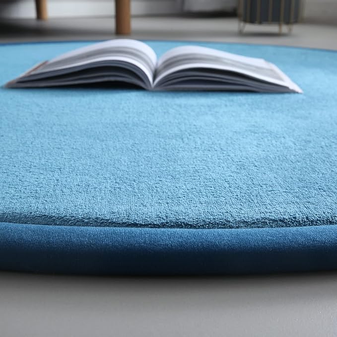 Loartee Thick Kids Round Rug - Coral Velvet Area Rugs, Memory Foam Circular Carpet for Nursery Playroom Home Decor Dormitory, Diameter 71 inch, Blue