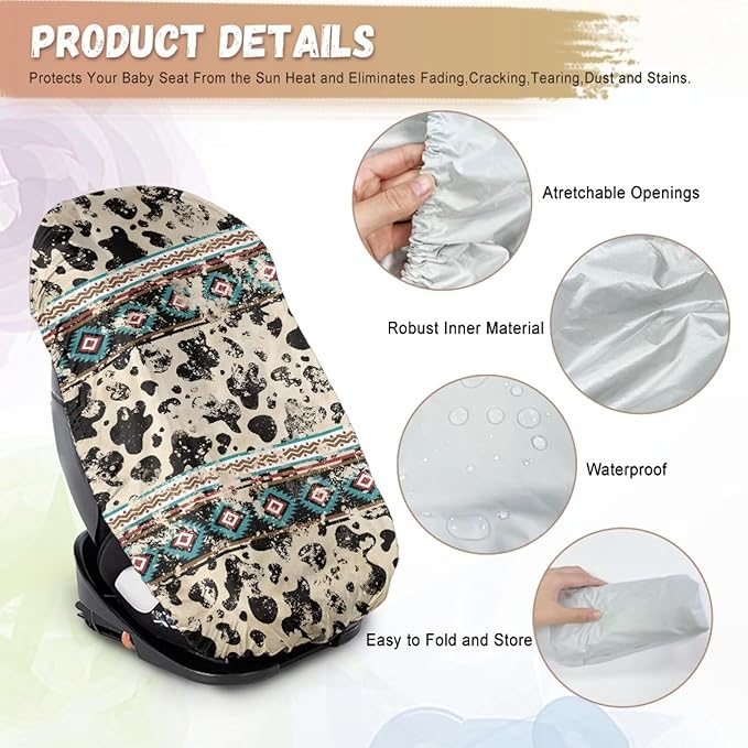 Car Seat Cover Baby Cow Print Car Seat Sun Shade Cover with Elastic Band, Boho Car Decor Universal Baby Travel Accessories