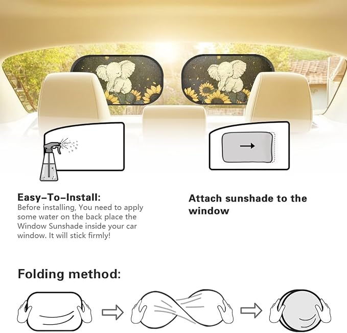 Bulopur Cute Elephant Window Shades for Car 2 Pack Sun Shade Car Window Baby Cute Design UV Protection Breathable Car Interior Automotive Fit for Most Cars, Vehicles, SUVs