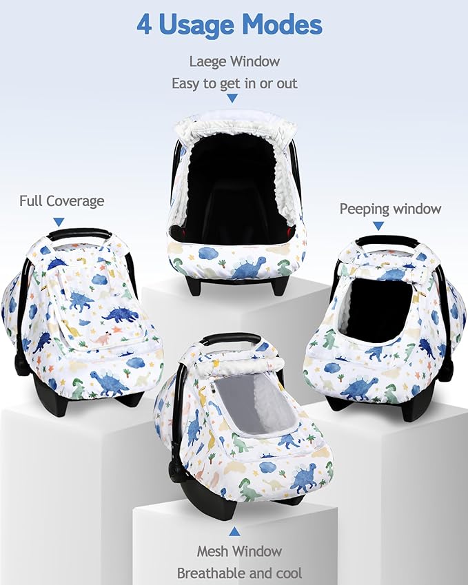 Car Seat Cover Baby Boy, Infant Carseat Covers with Mesh, Dual-Layer Protection for Summer Winter, Easy Access Newborn Canopy Breathable, Windproof & Fit Baby Stroller, Dinosaur