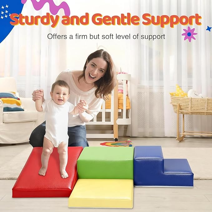4-Piece PU Leather Baby Foam Climbing Blocks for Toddlers - Soft Play Climbing Toys for Toddlers - Foam Climbing Set for Crawling and Sliding Indoor (Red Yellow Blue)