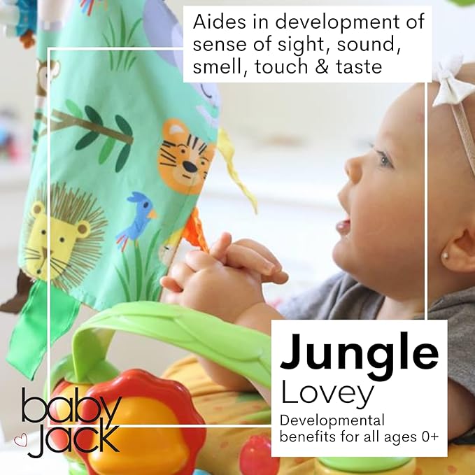 Baby Jack & Co 8x8” Jungle Zoo Animals Lovey Tag Toys for Babies - Crinkle Toys for Development of 5 Senses - Soft & Safe - Learn Shapes & Colors - Tummy Time - Soother - BPA Free w/Stroller Clip