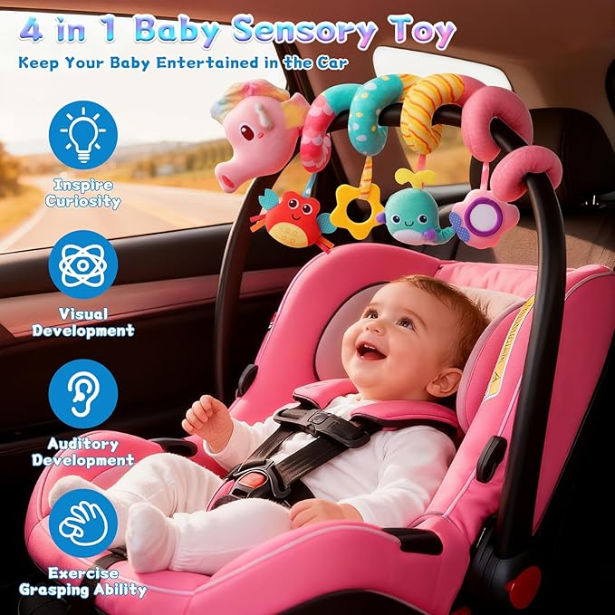 Car Seat Toys for Baby Toys 0-6 Months, Hanging Crib Stroller Toys with Rattle, Mirror, Crinkle, Squeaky Spiral Baby Activity Carseat Sensory Toys for Newborn Infants Girls Birthday Gifts