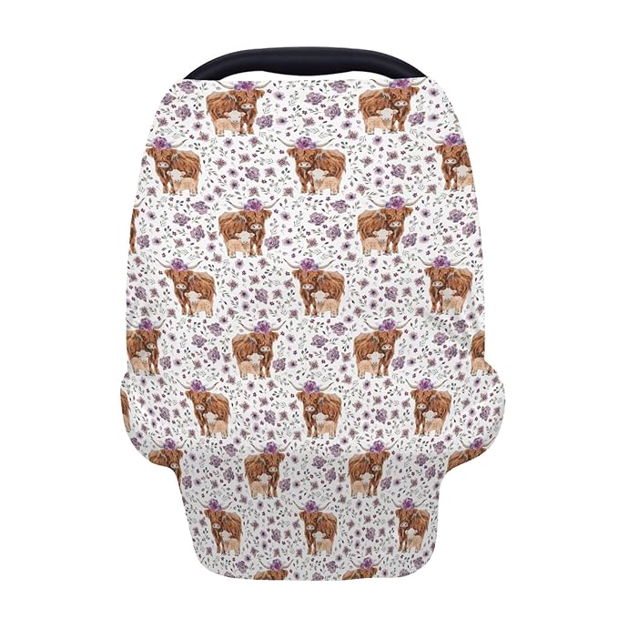 5-in-1 Unisex Western Cow Pattern Baby Carseat Stroller Cover for Boys Girls, Farm Highland Cow Flowers Floral Infant Toddler Privacy Nursing Breastfeeding Canopy, Grocery Shopping Cart Cover-24x28