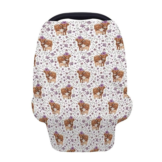 5-in-1 Unisex Western Cow Pattern Baby Carseat Stroller Cover for Boys Girls, Farm Highland Cow Flowers Floral Infant Toddler Privacy Nursing Breastfeeding Canopy, Grocery Shopping Cart Cover-24x28