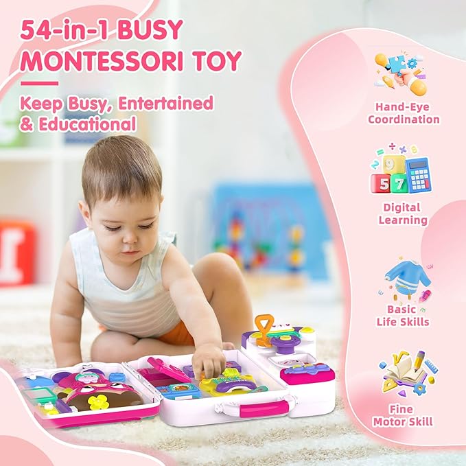 Toddler Toys for 1-2 Year Old Girl ,Montessori Bilingual Musical Busy Car Board,Baby Stuffed Animals Toys for Toddlers 1-3,Motor Skills Learning Toy 12-18 Month,Birthday Gift for 1+ Year Old Boy Girl
