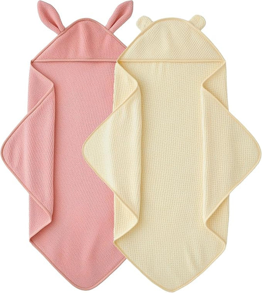 Baby Hooded Towel 2 Pack Bath Towels for Newborn with Animal Design Shower Essentials for Baby Girl Boy and Toddler (Pink & Beige, Medium)