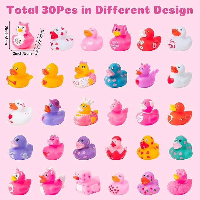 Haooryx Valentine‘s Day Rubber Duck Toys - 30 Pcs Novelty Squeeze Duck Bulk Assorted Cute Duckies Bath Toy Bathtub Decoration for Baby Shower Valentines Birthday Gift Wedding Party Goodie Bag Fillers