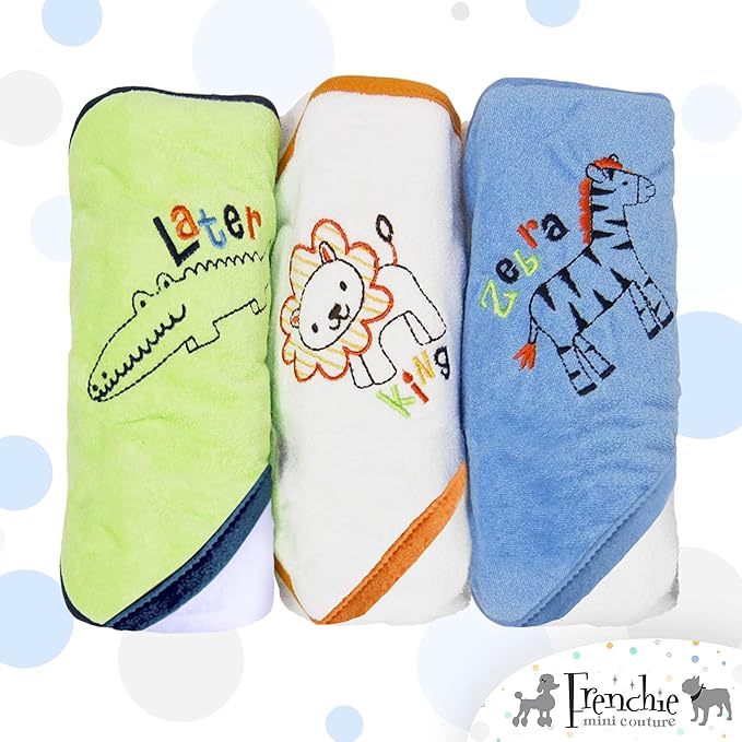 Frenchie Mini Couture, Hooded Bath Towels for Babies, 80% Cotton/20% Polyester, Wild Animal Design Baby Bath Towel Set, Boy, Pack of 3