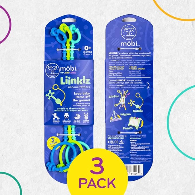 Mobi Liinklz Silicone Tethers for Car Seat & High Chair, Flexible, Soft Toy Straps for Baby, Easy Clean Toy Holder, Secure Stroller Straps for Infants 0+ Months, Cool Colors (3 Pack)