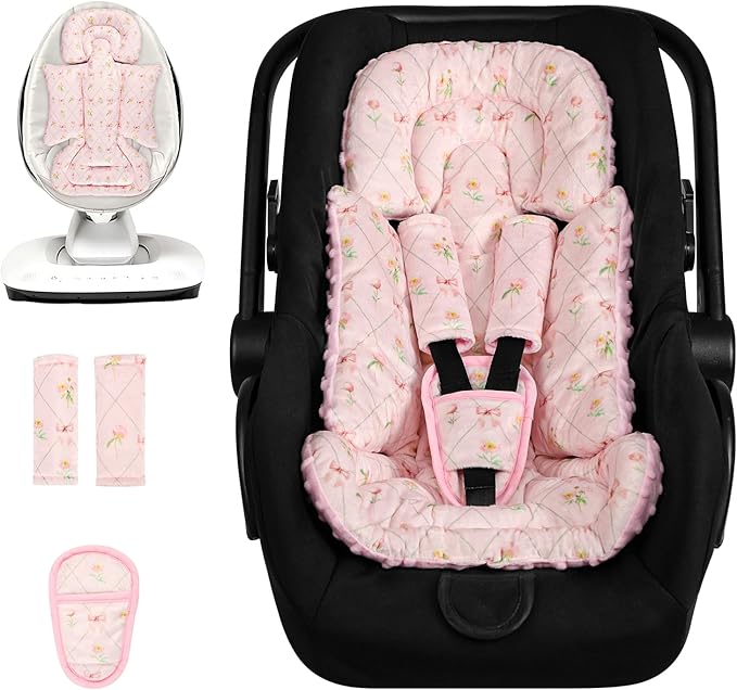 Infant Car Seat Insert with 3 Strap Covers, Soft Car Seat Head Support for Baby Girls, Plush Fabric Newborn Insert for carseat, Strollers, Swings, Bouncer, Flower Bow