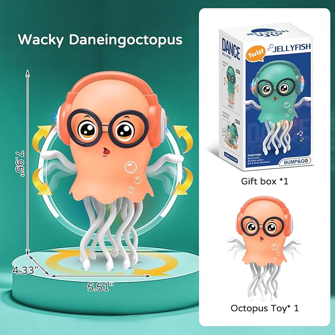 Magic Electric Dancing Jellyfish Toy with Led Light and Music,Playful Automatic Steer Crawling Dancing Baby Toy with Smart Tentacle Explorer,Octopus Toy,Tummy Time Toys (Orange)
