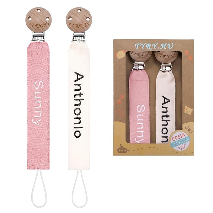 TYRY.HU Personalized Pacifier Clip with Name, Embroidery Pacifier Holder for Baby Girls and Boys, Neutral Binky Clips Universally Fit All Pacifiers, Baby Gift, 2 Pack(Beige,Pink)