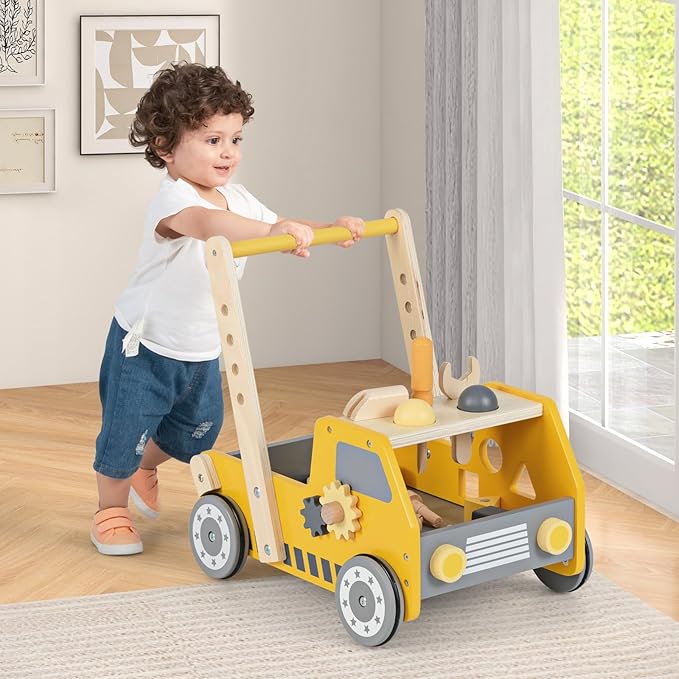 BABY JOY Wooden Baby Walker, Pretend Play Tool Bench, Push and Pull Learning Walker Activity Center, Toddler Montessori Educational Toy for Boys Girls