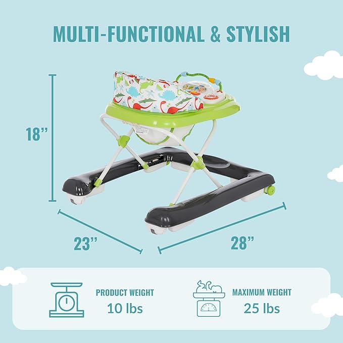 Dream On Me 2-in-1 Ava Baby Walker, Easy Convertible Baby Walker, Walk Behind, Height Adjustable Seat, Added Back Support, Detachable Slate, Green