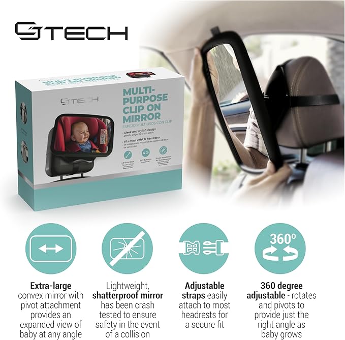 Baby Car Mirror with 360° Rotation - 9.8" Convex Shatterproof Mirror for Baby Safety with Extra Wide & Clear View - car seat mirror for baby rear facing with Adjustable Straps