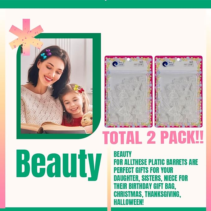 Classics Self Hinge Hair Barrettes for Girls Plastic Hair Barrettes for Baby bow Girl Barrettes 80s 90s Bow Cartoon Design Hair Pins for Baby Girls Toddlers total 40 count (CLEAR)