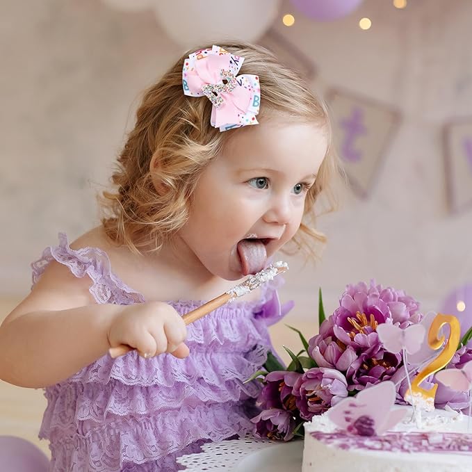 Happy Birthday Hair Bow for Girls,3.5in Glitter Pink Sprinkle Bow Clips Barrettes Alligator Hair Pins for Teens,Toddlers,Kids,2nd Birthday Ice Cream Party Decor Accessories Gift