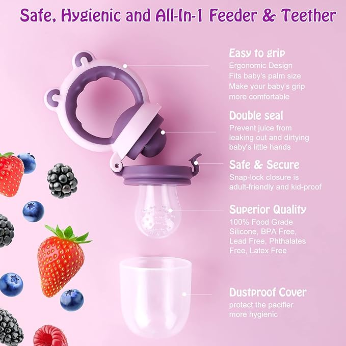Baby Solids/Frozen Fruit Feeder Pacifier, Infant Teether Toy 4M+, BPA-Free Silicone Pouch & Nipple, Safely Introduce Solids, Teething Relief, 2-Pack