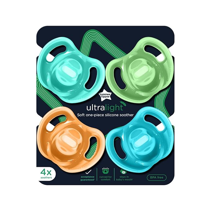 Tommee Tippee Ultra-Light Silicone Pacifier, 18-36 Months, Symmetrical One-Piece Design, BPA-Free Silicone Binkies, Blue/Orange/Green, Pack of 4