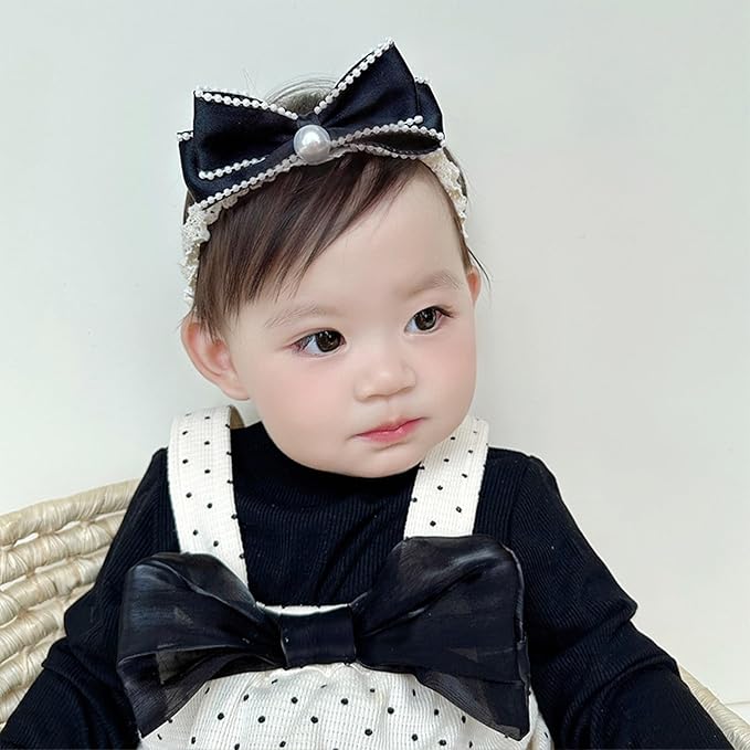 Bow Lace Headbands for Baby Girls Soft Tulle Ribbon Pearl Head Wrap Elastic Bow-knot Hair Band Shower Birthday Hair Accessory for Newborn Infant Toddler (Black B, Elastic)