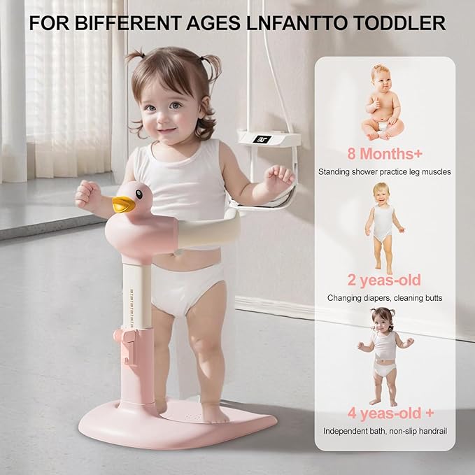 Adjustable Baby Shower Stand with Anti-Slip Base,Bath Shower Standing Support Stand,Portable Bath Helper Bath Support for Infants Portable Bath Helper for Baby 8-24 Months (PinkA)