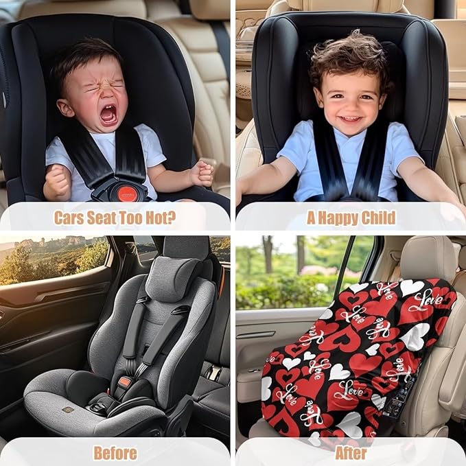 Valentines Day Car Accessories Car Seat Cover Baby Car Seat Sun Shade Cover with Red Heart Print, Tear-Resistant Baby Seat Covers Keep Baby Cool and Child Safety for Travel, Easy to Install