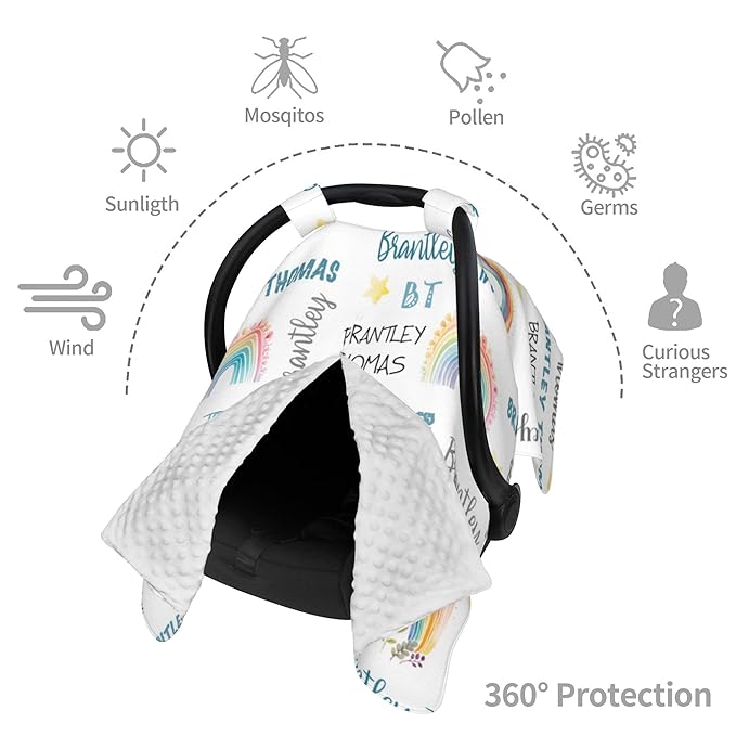 Personalized Winter Baby Car Seat Cover with Name Rainbow Winter Car Seat Cover for Baby Seat or Stroller Custom Infant Car Seat Covers Minky Blankets Nursing Cover Breastfeeding Scarf