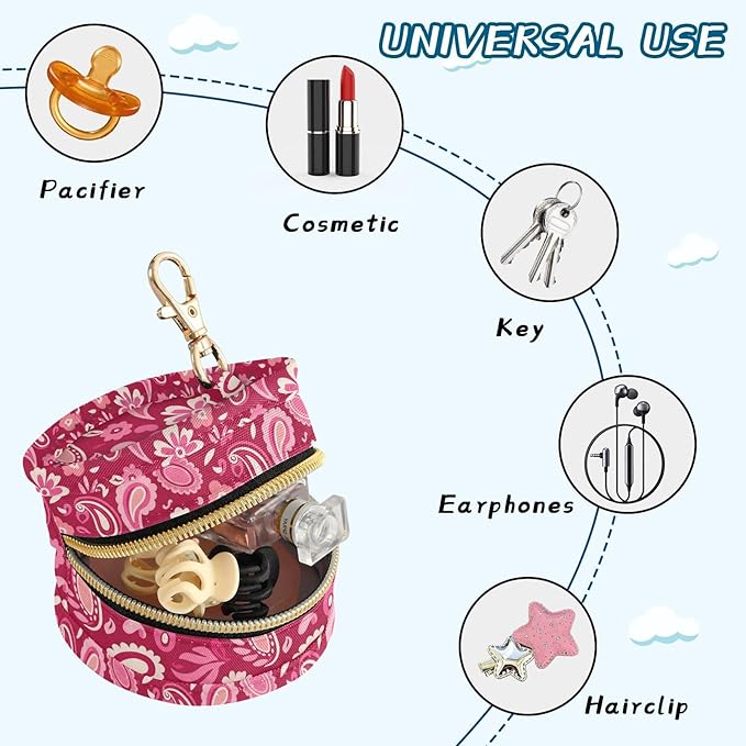 Floral Flowers Pink Print Pacifier Holder Case for Diaper Bag Portable Travel Pacifier Storage Case with Clip Newborn Baby Pouch for Baby Boys Girls Purse Outdoor
