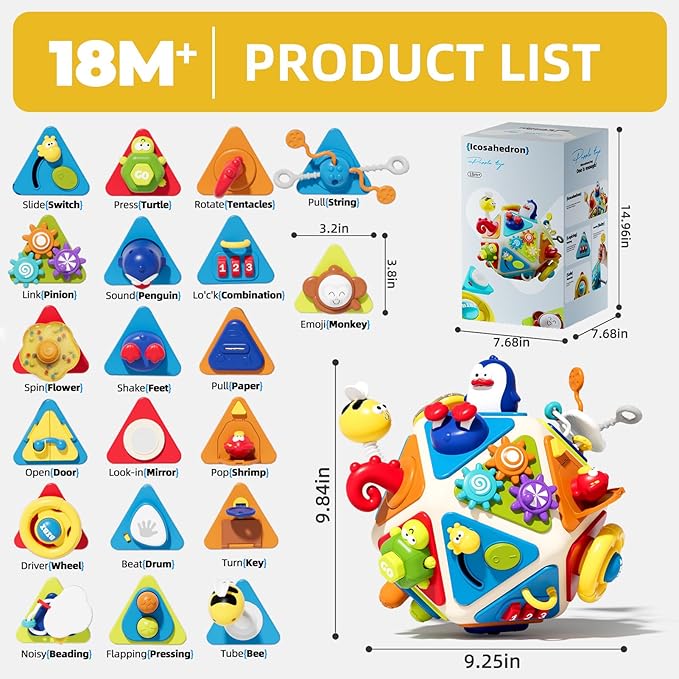 Vanvimen 20-in-1 Toddler Busy Board Activity Cube Toys, Montessori Toy for 1 2 Year Old Boys Girls Kids, Early Educational Active Toy for Toddler 1-3, Christmas Toys Gifts for 1 2 Year Old Boy Girl