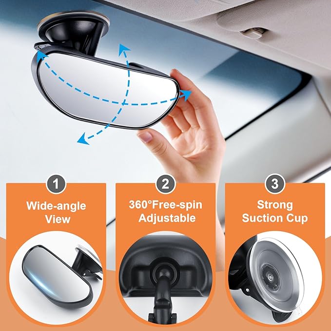 GES Rear View Mirror - 360 Degree Adjustable, Strengthen Suction Cup for Car - 5.9 x 2.2Inch - Black