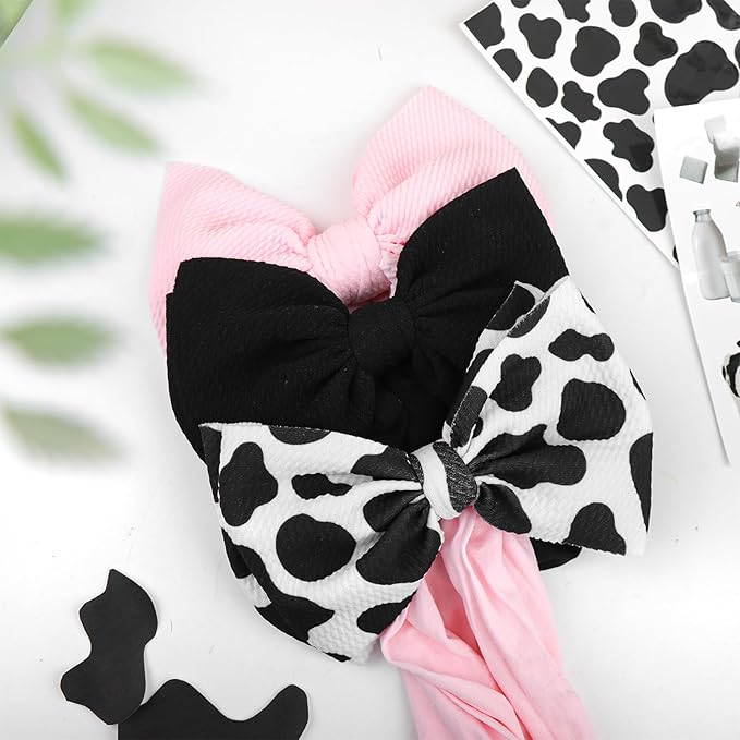 Moo Cow Print 6’’ Hair Bows for Girls Cowgirl Accessories Newborn Infant Toddler Baby Girl Headbands Black & Pink Bow Baby Wrap