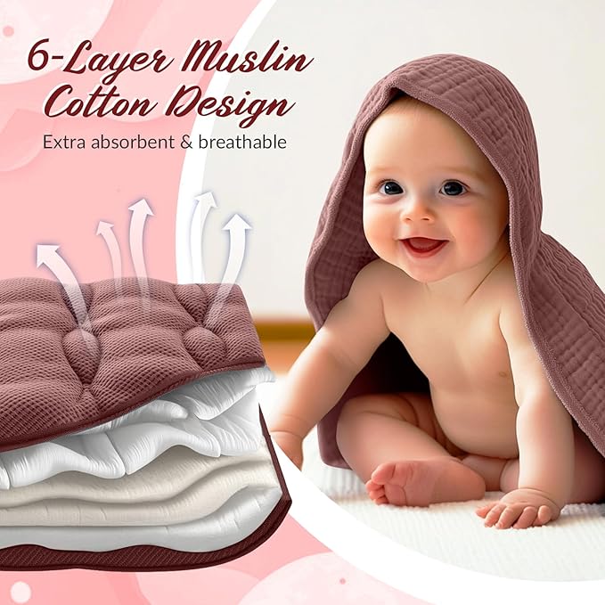 Hahafelt 6 Pcs Muslin Hooded Bath Towels Washcloths and Bibs Set, Muslin Cotton Baby Towels Absorbent Hooded Blanket Towel Infant Bibs for Boys Girls Newborn Infant Essential (Dusty Rose, Deep Rose)