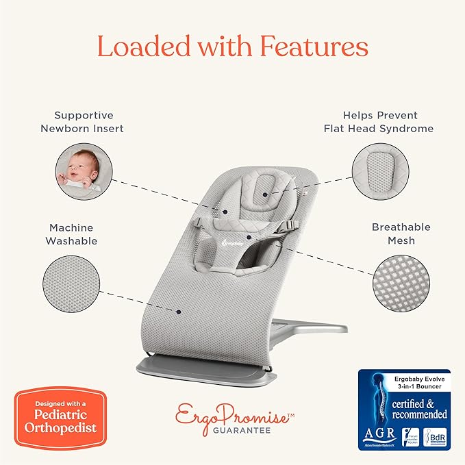 Ergobaby Evolve 3-in-1 Mesh Baby Bouncer Seat, Adjustable Multi-Position Infant Bouncer and Toddler Chair, Breathable Mesh, Converts from Newborn to Toddler - Grey