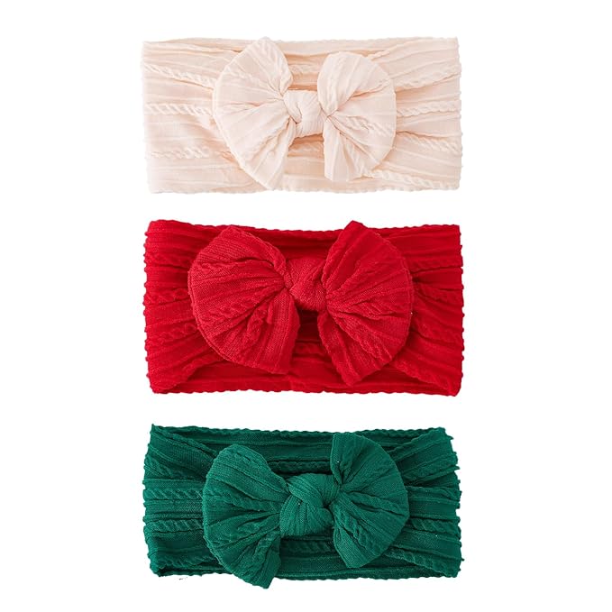 baotongle 3pcs Baby Girls Headbands Soft Stretchy Nylon Hair Bands Hair Accessories with Bows for Newborn Baby Girls Infant Toddlers Kids(Red,Green,Pink, 5.7inches)