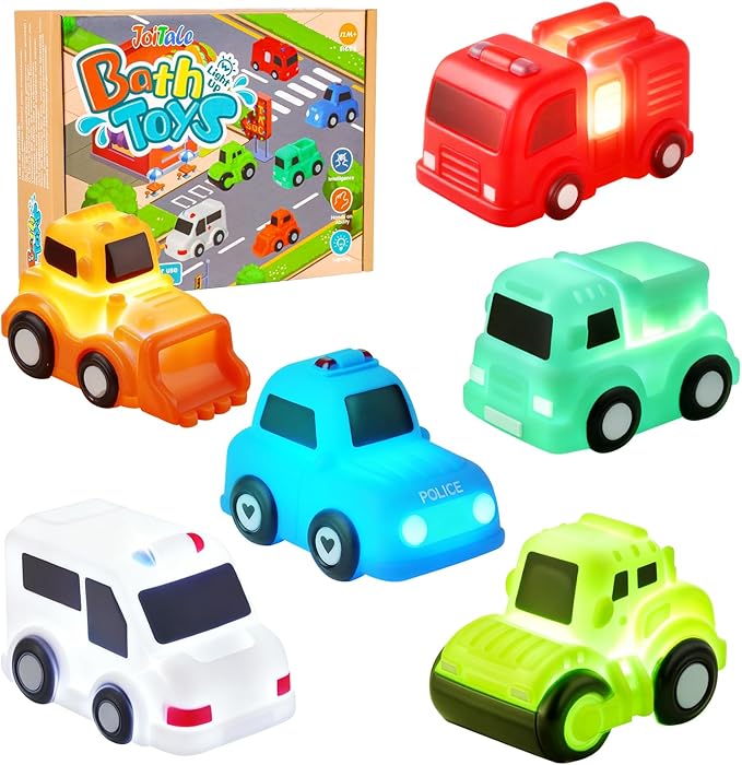 Baby Bath Toys, 6 Pack Light Up Cars Bath Toys, No Hole No Mould Bathtub Toy for 1 2 3 Year Olds, Flashing LED Sensory Toy for Toddlers, Bath Time Shower Gifts for Boys and Girls