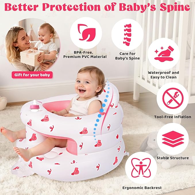 Inflatable Baby Seat for 3-36 Months, Baby Seats for Infants for Sitting Up with Back Support Built in Air Pump, Surround Sit Me Up Floor Seat for Baby Chair for Learning Sit, Feeding (Rabbit)