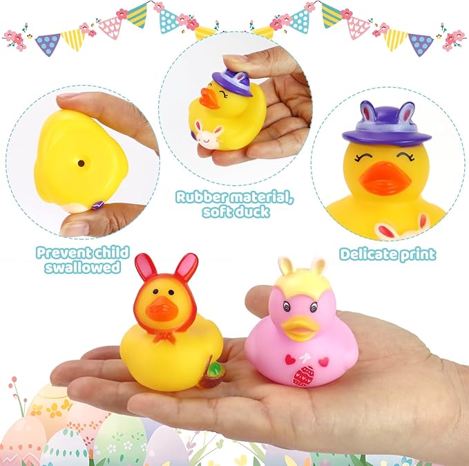 50Pcs Easter Rubber Ducks, Mini 2.1 Inch Bunny Rubber Duckies Bath Toys for Kids, Assorted Float Duck Bulk for Fun Bathtub Duck Toys Easter Ducks for Cruise and Easter Basket Stuffers and Party Favors