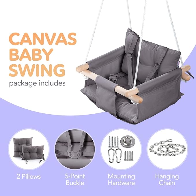 CaTeam - Canvas Baby Swing, Wooden Hanging Swing Seat Chair with Safety Belt, Durable Baby Swing Chair, Outdoor and Indoor Swing for Kids, Mounting Hardware Included, Dark Gray