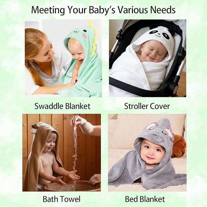 Hooded Baby Towel Set, 32x32 Inch Absorbent Bath Towels, 4 PCS Soft Hooded Towels, Perfect for Newborns, Toddlers, Babies, Essential Baby Bath Accessories (Green + Brown + White + Gray)