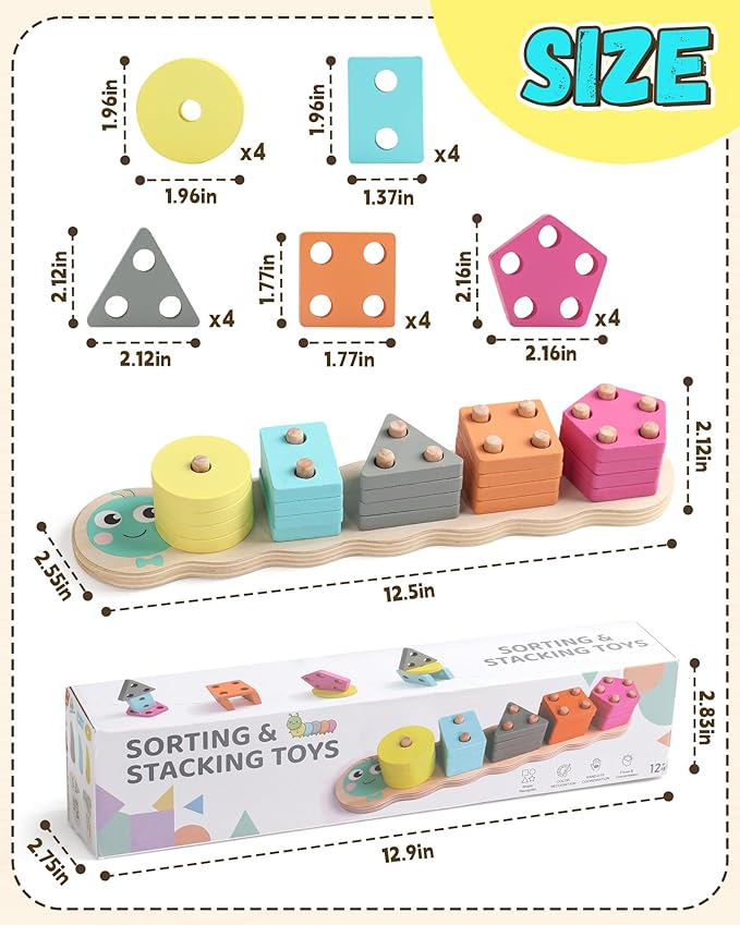 1 Year Old Boy Girl Gifts Montessori Toys for 1 2 Year Old Caterpillar Wooden Shape Sorter Stacking Toys for Toddlers 1-3 Educational Preschool Learning Toy Easter Basket Stuffers Birthday Gift