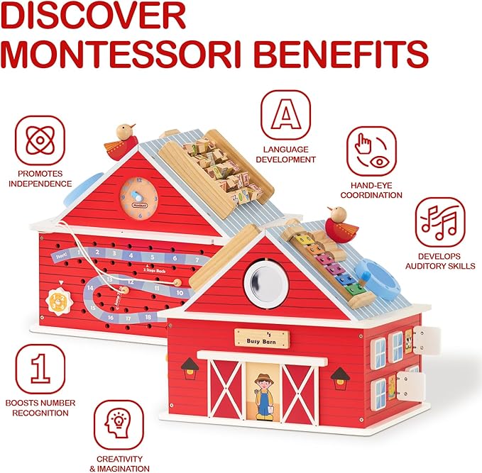 Monläurd® Wooden Activity Cube for Toddlers 1-3, Farm Barn Montessori Busy Board Toy, 12-in-1 Sensory Activity Center for Baby Fine Motor Skills, Large Educational Learning Toy for Boys Girls