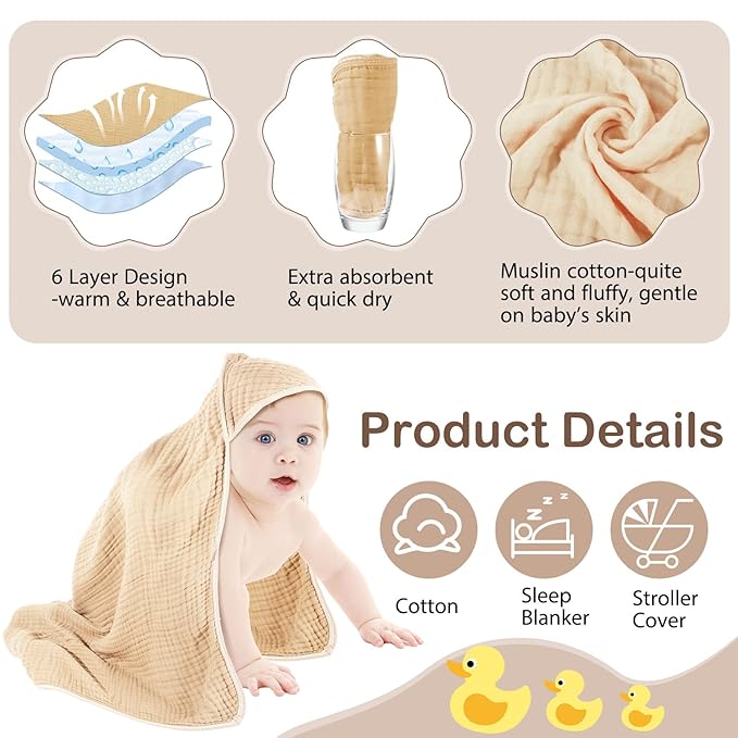 Peryiter 4 Pcs Muslin Hooded Baby Towels 32 x 32 Inch Cotton Newborn Bath Essentials Muslin Infant Blankets Absorbent Registry Gifts for Girl Boy Kids Baby Shower (Green)