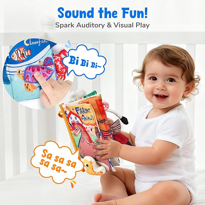 JoyCat 2-Pack Baby Cloth Books 0-6-12 Months - Farm & Ocean Infant Sensory Toys - Tummy Time Mirror & Montessori Developmental Learning -Easter Basket Stuffers Gift Set Girl Boy