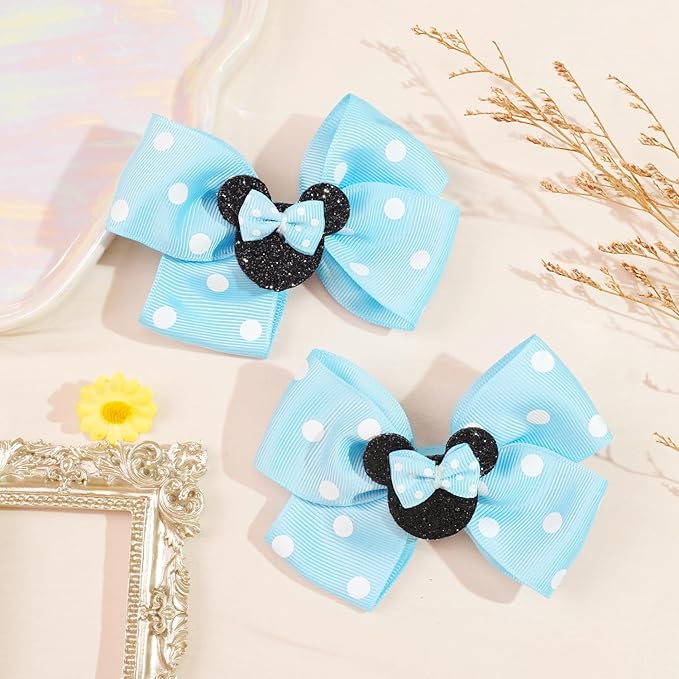 2 Pairs Blue Mouse Ears Hair Clips & Mouse Hair Bows Barrettes for baby Girls Accessories Birthday Party Decorations Gift