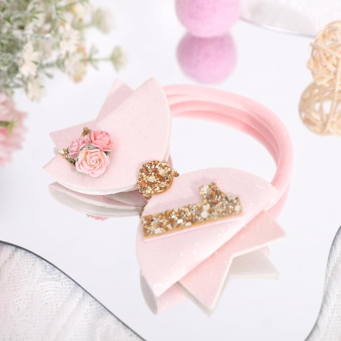 Birthday Girl bow for Baby Girls - 1st Birthday Pink Bow Headdress,Gold Glitter Birthday Bow Headband Flowers,Photo Props