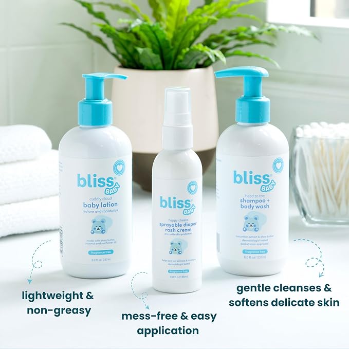 Bliss Baby Care Essentials Gift Set, Fragrance-Free - Baby Wash & Shampoo, Diaper Rash Cream, Baby Lotion & Hooded Bath Towel - Hypoallergenic, Dermatologist Tested, Clean & Vegan Gift Set