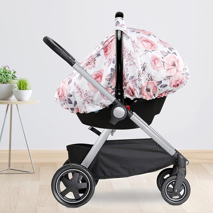 Baby Car Seat Cover and Blanket for Girls, Winter Car Seat Covers for Babies, Minky Blankets with Dotted Backing, Pink Floral