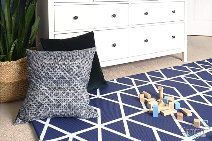 Premium Stylish Foam Play Mat | Cushy-Soft & Thick | Easy-to-Clean, Hypoallergenic, Non-Toxic, Pet-Friendly | One Piece - Large Navy Geo Mountain