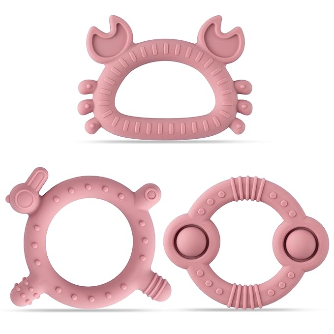Easter Silicone Teether for Babies - 2ooya 3Pcs Pink Bunny Summer Ocean Animal Infant Teething Chew Toys, Toddler Easy to Grasp Sore Gums Pain Relief Toy for Newborn Boy Girl Baby Shower Easter Gift
